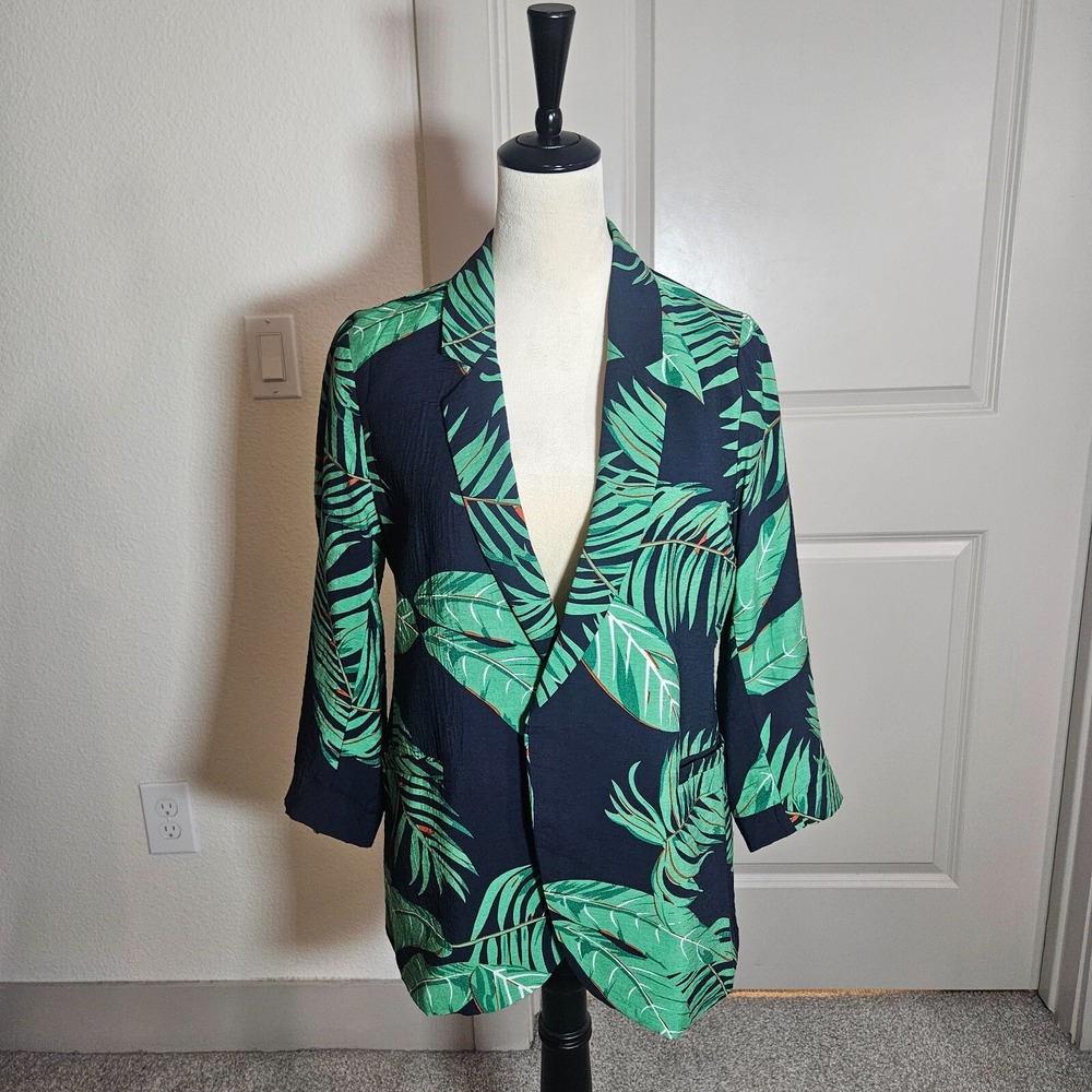 Skies Are Blue Open Front Blazer Women Small Green Leaf Print Navy Lightweight‎